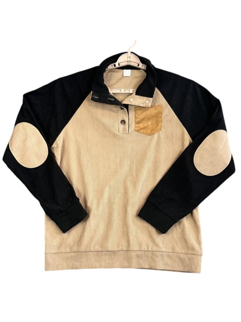 Mens Med Corduroy Beige Black Pullover Henley Collared Elbow Patch Lightweight
